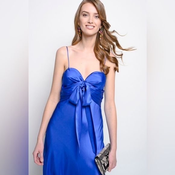 NWT Pinko Curtis Abito Ultra Blue Satin Flowy High Low Formal Midi Dress - Picture 2 of 16
